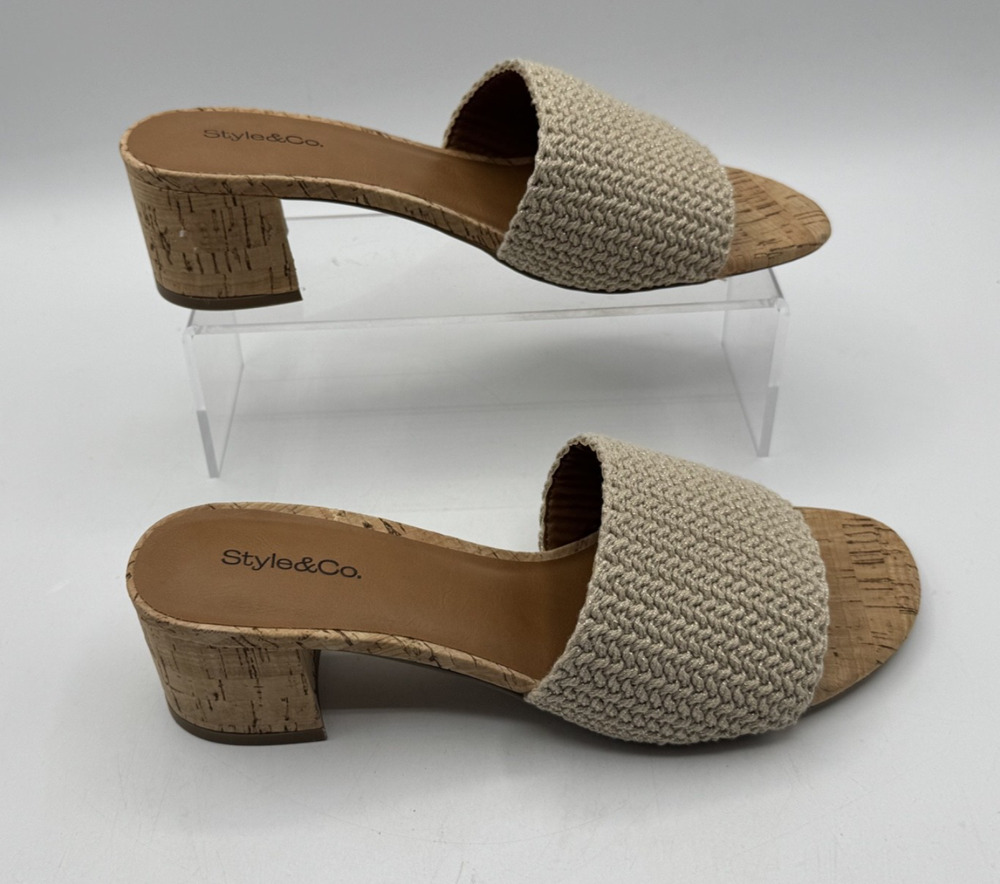 Style & Co. EVIEEK Sandal Tan Open Toe 7.5M Knit Slip-On, Blocked Heel Pre-owned